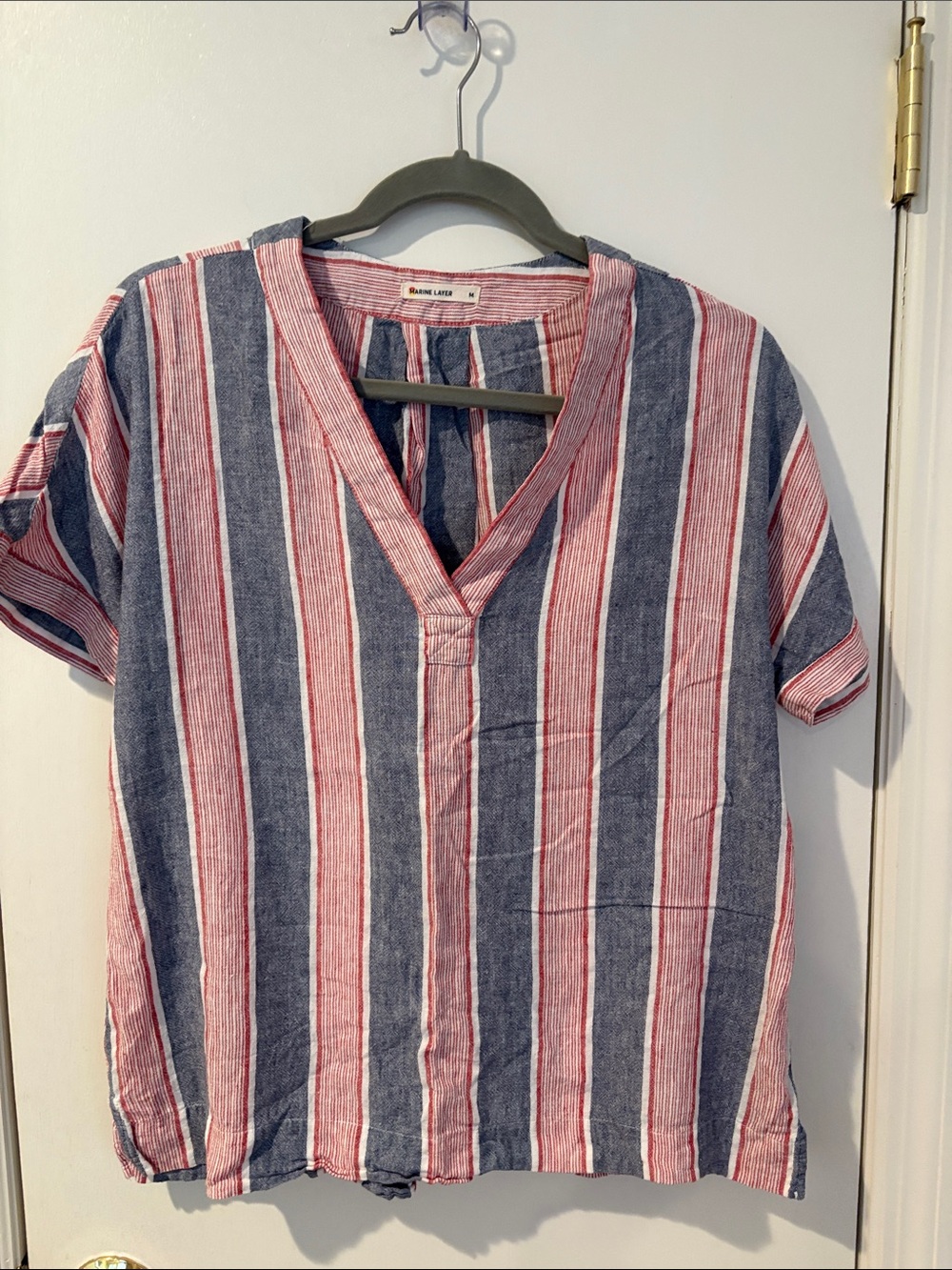 Marine Layer Striped V-Neck Tee — Blue & Red